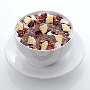 Chocolate breakfast cereal with diced fresh banana