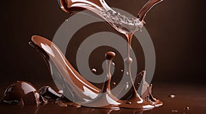 chocolate on a brown background, liquid chocolate on abstract backgroumd, pouring chocolate on brown background