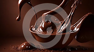 chocolate on a brown background, liquid chocolate on abstract backgroumd, pouring chocolate on brown background