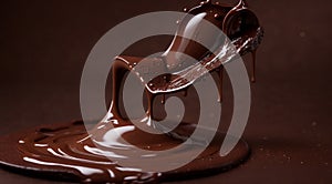 chocolate on a brown background, liquid chocolate on abstract backgroumd, pouring chocolate on brown background