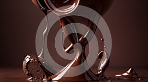 chocolate on a brown background, liquid chocolate on abstract backgroumd, pouring chocolate on brown background