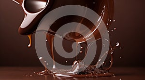 chocolate on a brown background, liquid chocolate on abstract backgroumd, pouring chocolate on brown background