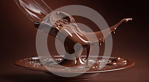 chocolate on a brown background, liquid chocolate on abstract backgroumd, pouring chocolate on brown background