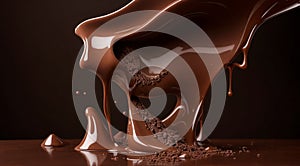 chocolate on a brown background, liquid chocolate on abstract backgroumd, pouring chocolate on brown background photo