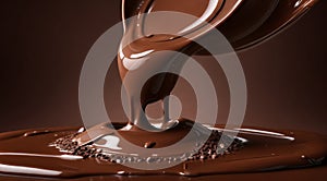 chocolate on a brown background, liquid chocolate on abstract backgroumd, pouring chocolate on brown background