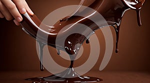 chocolate on a brown background, liquid chocolate on abstract backgroumd, pouring chocolate on brown background