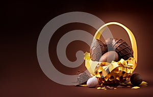 Chocolate brown and yellow golden basket with easter eggs in dark brown background with copy space. Genrative ai