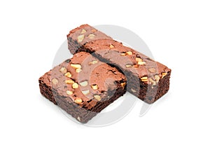 Chocolate brownie with almond on white background.