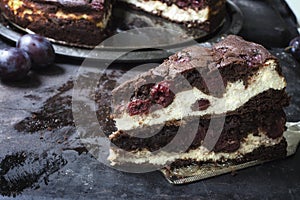 Chocolate brownie cheesecake on dark background. Selective focus