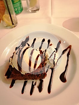 Chocolate Brownie ice cream sauce dessert fancy restaurant