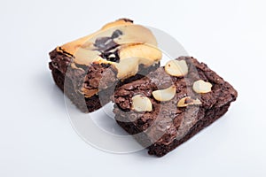 Chocolate brownie with macadamia white background.