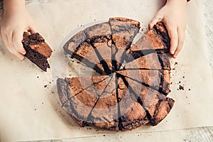 Chocolate brownie, selective focus. food and drink