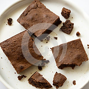 Chocolate brownie sliced into square slices on a white plate
