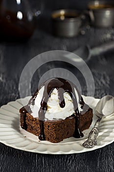 Chocolate Brownie Sundae with Vanilla Ice Cream and Hot Fudge
