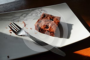 Chocolate Brownie on white plate in cafe