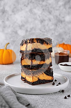 Chocolate brownies with spicy pumpkin cheesecake. Halloween or Thanksgiving dessert. Copy space