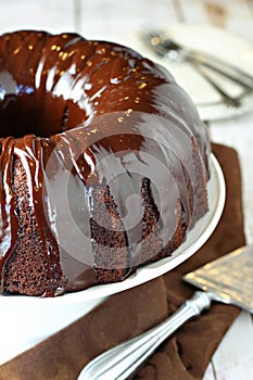 Chocolate bundt cake with ganache frosting