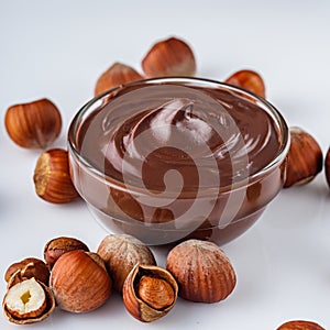 Chocolate butter and hazelnuts on a white acrylic background