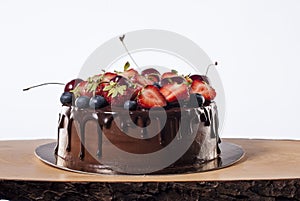 Chocolate cake with berries with beauty background.