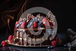 a chocolate cake with berries and chocolate icing on a plate with a spoon and a cup of coffee in front of the cake on the table