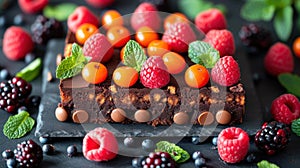 A chocolate cake with berries and mints on a black slate, AI