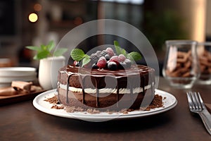 Chocolate cake with berries on wooden table