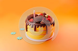 Chocolate cake  birthday and celebration concept  with red strawberries , dark cocoa ice creams nuts toppings 3d rendering