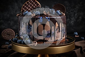 a chocolate cake with blueberries and chocolate drizzles on a gold plate on a black tablecloth with a fan and a fan