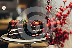 Chocolate cake on cake stand