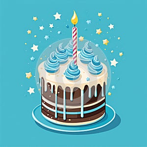 chocolate cake with candle and cream on top for birthday party, stars on blue background. Cute illustration.