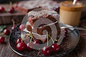 Chocolate cake with cherries on a black plate on wooden table