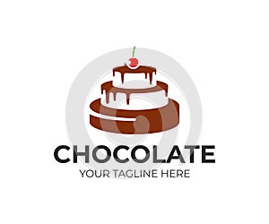 Chocolate cake with cherry logo design. Pastry shop vector design