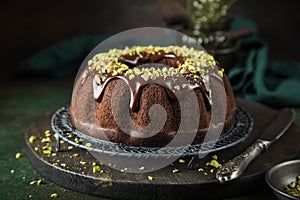 Chocolate cake with chocolate glaze and pistachios