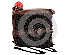 Chocolate cake with chocolate icing and a cherry.