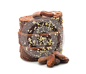 Chocolate cake and cocoa beans