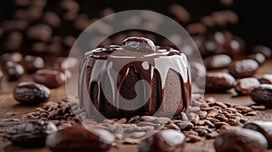 Chocolate cake with cocoa beans and ganache