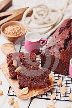 Chocolate cake with coffee and almonds