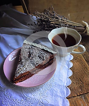 Chocolate cake and cup of coffee.Selective focus. AI-generated item