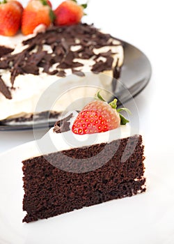 Chocolate cake decorate with whipping cream, sliced chocolate an