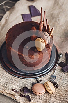 Chocolate cake decorated with cookies