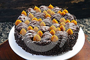 Chocolate cake decorated with dulce