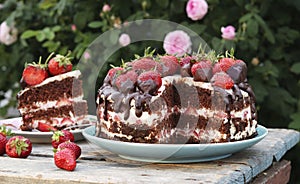 Chocolate cake decorated strawberries and cream, located on background of flowers in fresh air, horizontal format