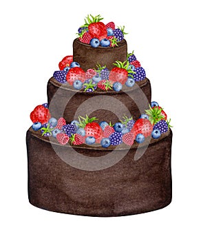 Chocolate cake decorated with strawberries, raspberries, blueberries. Watercolor holiday clipart