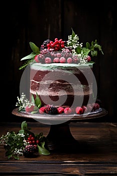 chocolate cake decorated with strawberry, rapsberries on top, dark wooden table background