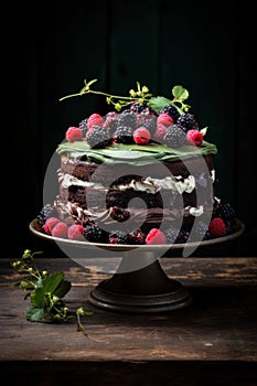 chocolate cake decorated with strawberry, rapsberries on top, dark wooden table background