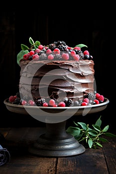 chocolate cake decorated with strawberry, rapsberries on top, dark wooden table background