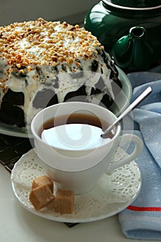 Chocolate cake decorated with walnut crumbs