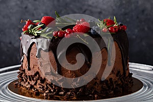 Chocolate cake dessert with brown icing and fruits