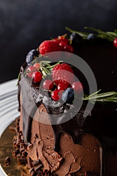 Chocolate cake dessert with brown icing and fruits