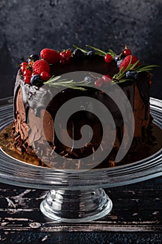 Chocolate cake dessert with brown icing and fruits